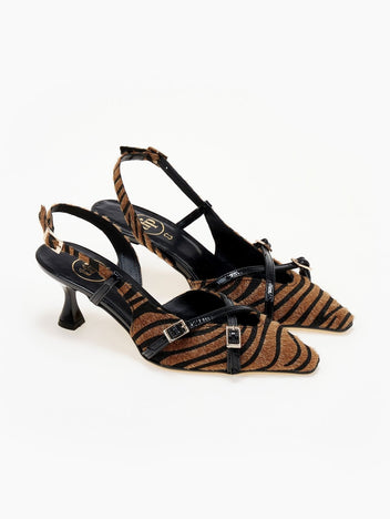 Γόβες μυτερές slingback από συνθετικό ponyskin TFP - Μαύρο/Μπεζ - thefashionproject.gr - TFP