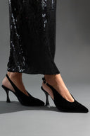 Γόβες μυτερές slingback από velvet ύφασμα TFP - Μαύρο - thefashionproject.gr - TFP