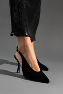Γόβες μυτερές slingback από velvet ύφασμα TFP - Μαύρο - thefashionproject.gr - TFP