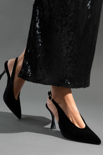 Γόβες μυτερές slingback από velvet ύφασμα TFP - Μαύρο - thefashionproject.gr - TFP