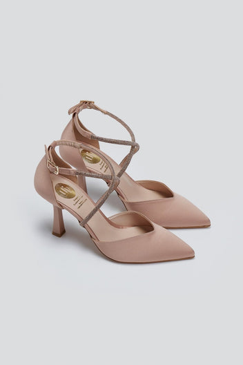 Γόβες σατέν μυτερές με στρας TFP - Nude - thefashionproject.gr - TFP