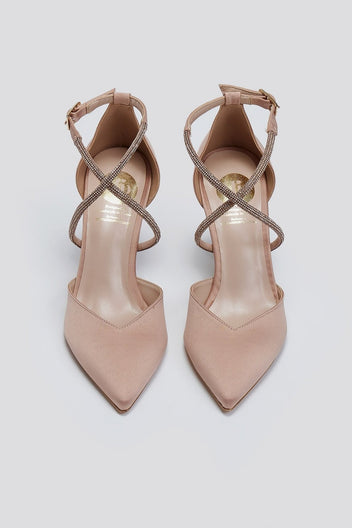 Γόβες σατέν μυτερές με στρας TFP - Nude - thefashionproject.gr - TFP