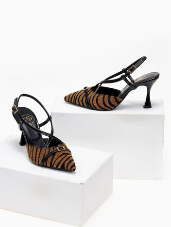 Γόβες slingback με συνθετικό ponyskin TFP - Μαύρο/Μπεζ - thefashionproject.gr - TFP