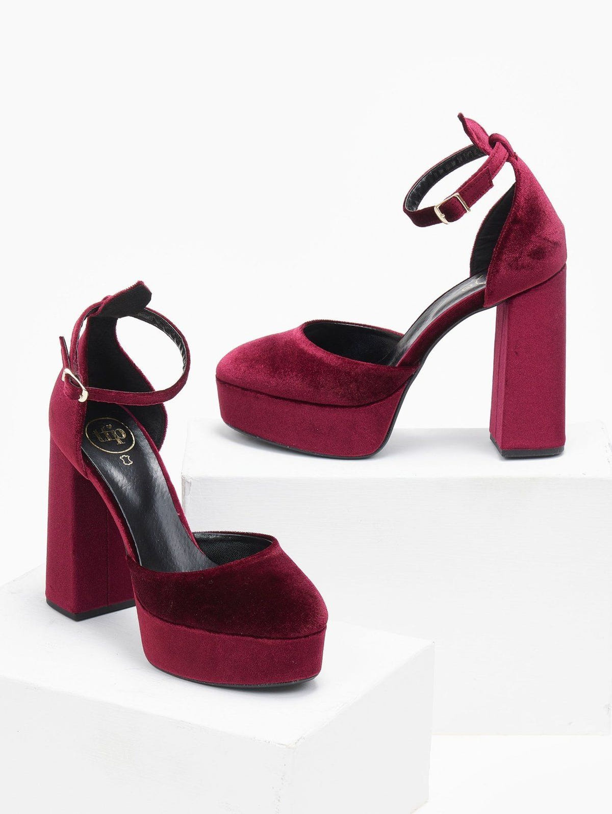 Γόβες velvet με φιάπα και μπαρέτα TFP - Μπορντό - thefashionproject.gr - TFP