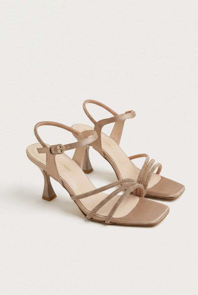 TFP - Heeled Sandals Rhinestone Straps - Sand Satin
