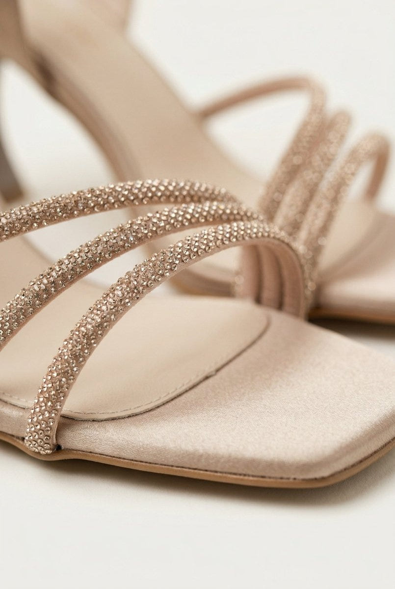 TFP - Heeled Sandals Rhinestone Straps - Sand Satin