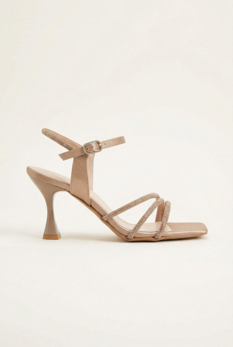 TFP - Heeled Sandals Rhinestone Straps - Sand Satin