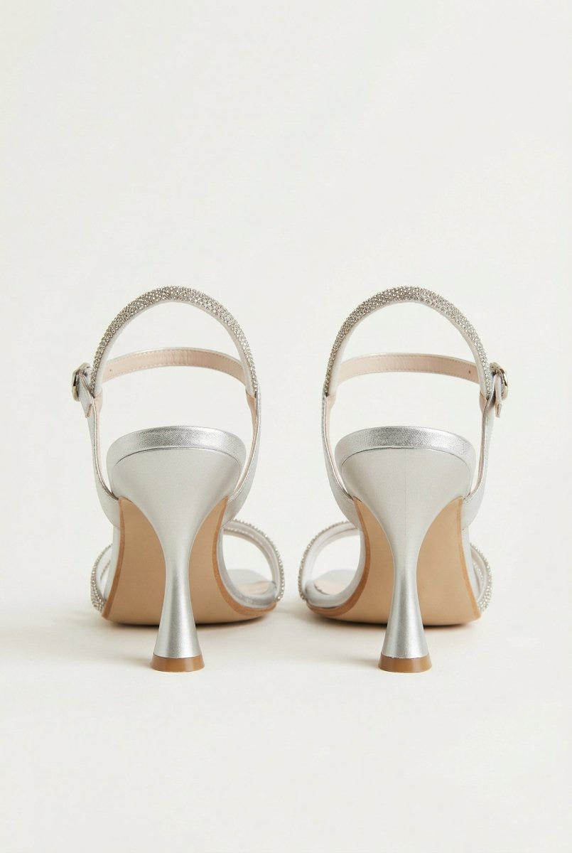 TFP - Heeled Sandals Rhinestone Straps - Silver Satin