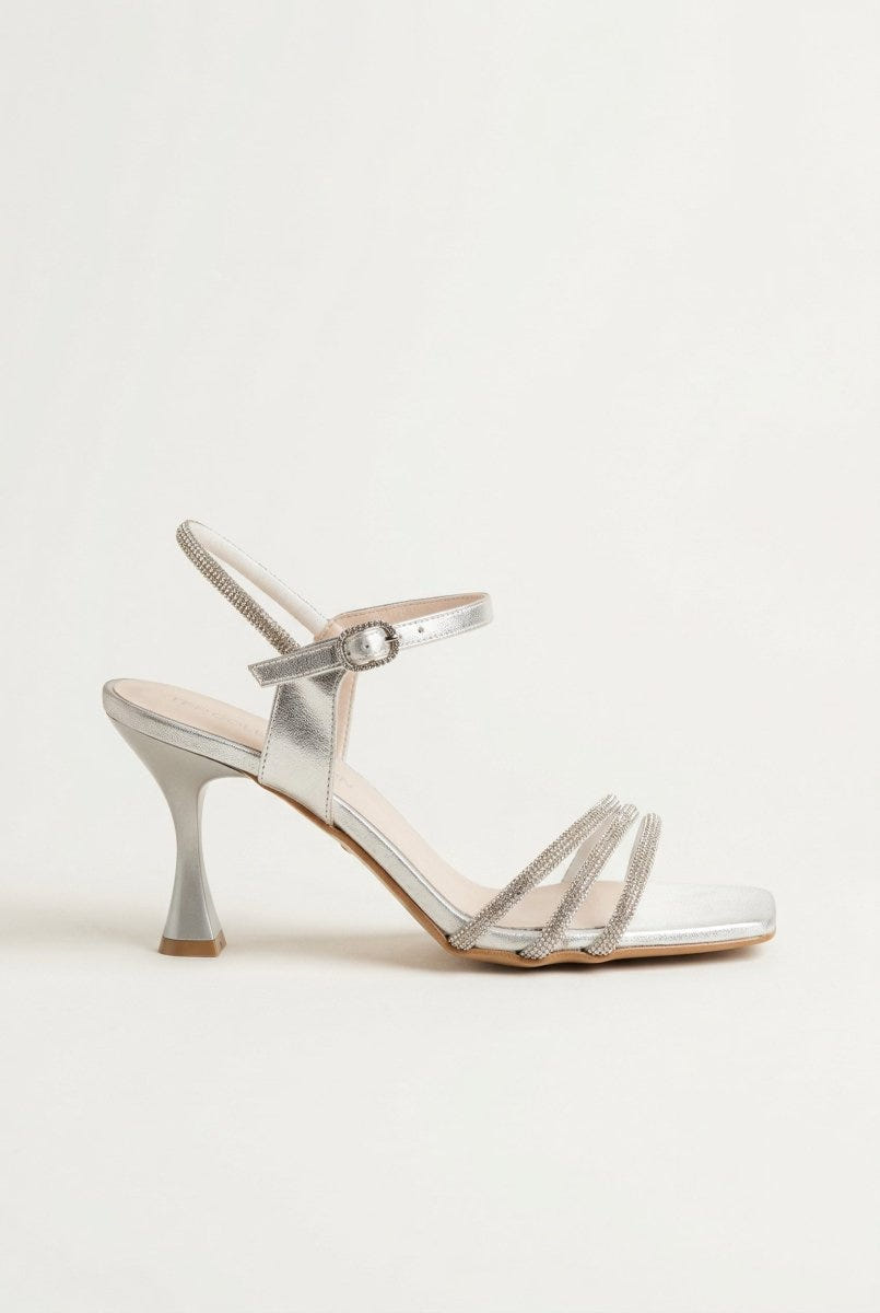 TFP - Heeled Sandals Rhinestone Straps - Silver Satin