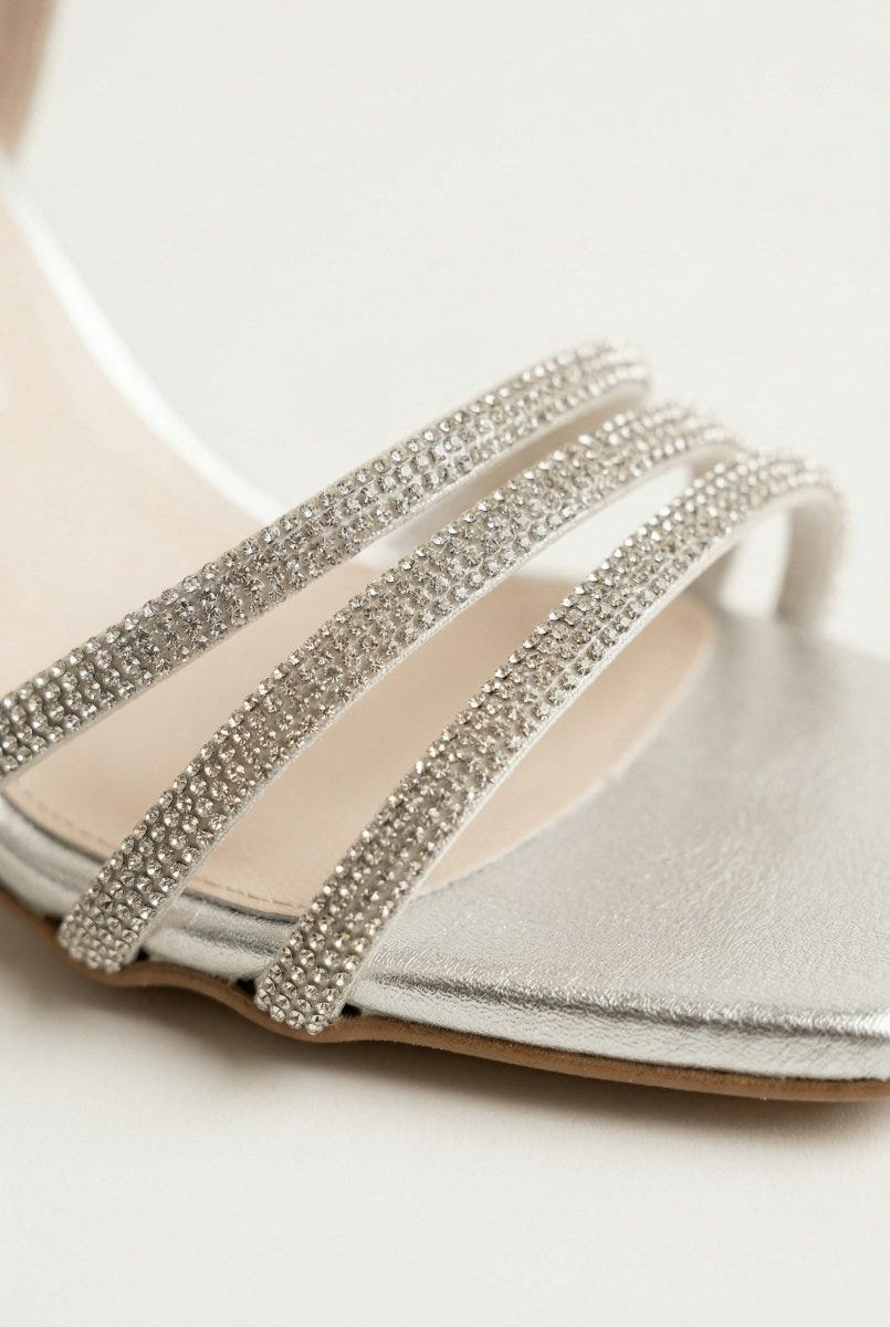 TFP - Heeled Sandals Rhinestone Straps - Silver Satin