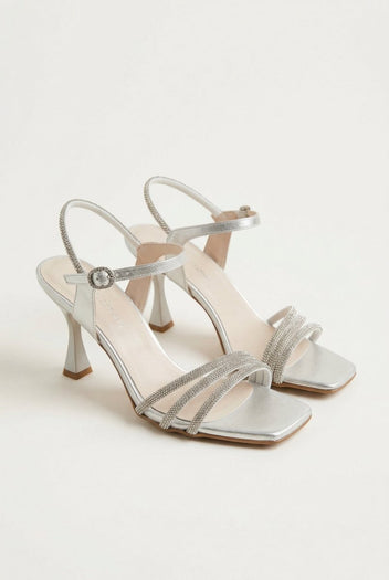 TFP - Heeled Sandals Rhinestone Straps - Silver Satin