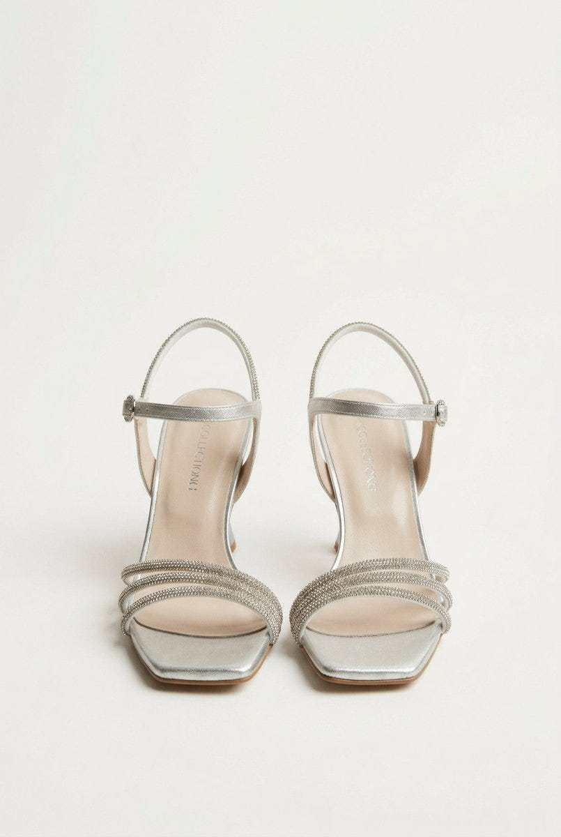 TFP - Heeled Sandals Rhinestone Straps - Silver Satin