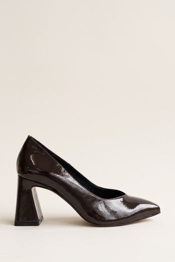 Block Heel Pumps Pointed Toe - Brown Patent