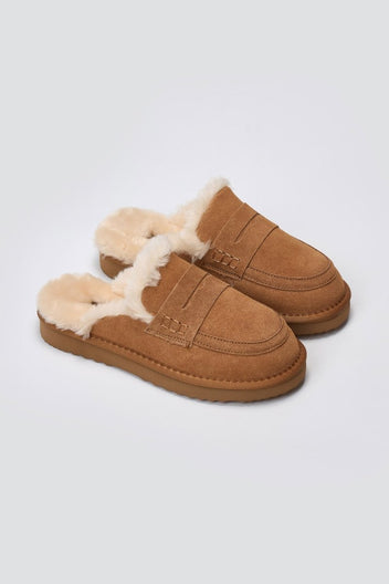 KELARA - Fur Lined Winter Slippers - Camel Suede