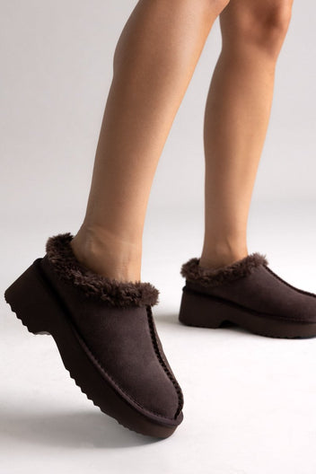 KELARA Winter Slippers Warm Lining - Brown Suede - thefashionproject.gr - KELARA