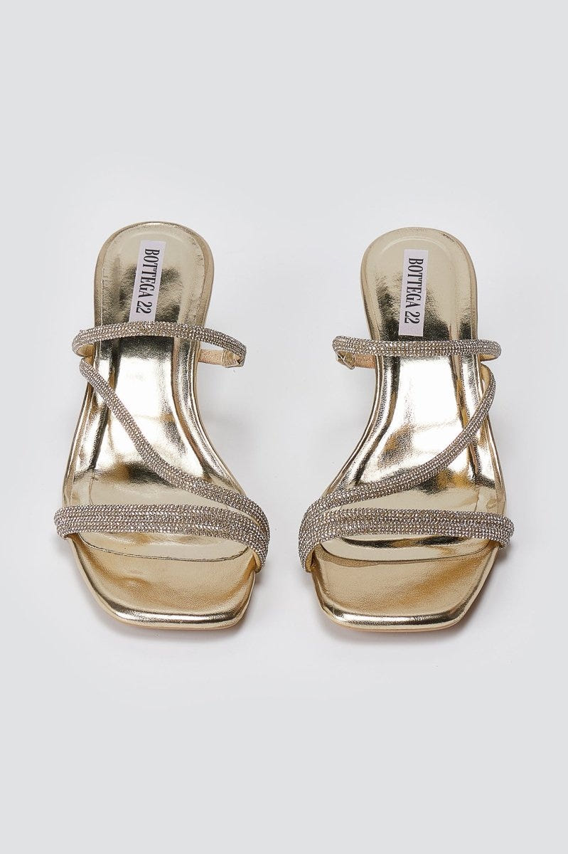 BOTEGGA 22 - Kitten Heel Mules Rhinestone Straps - Gold Metallic
