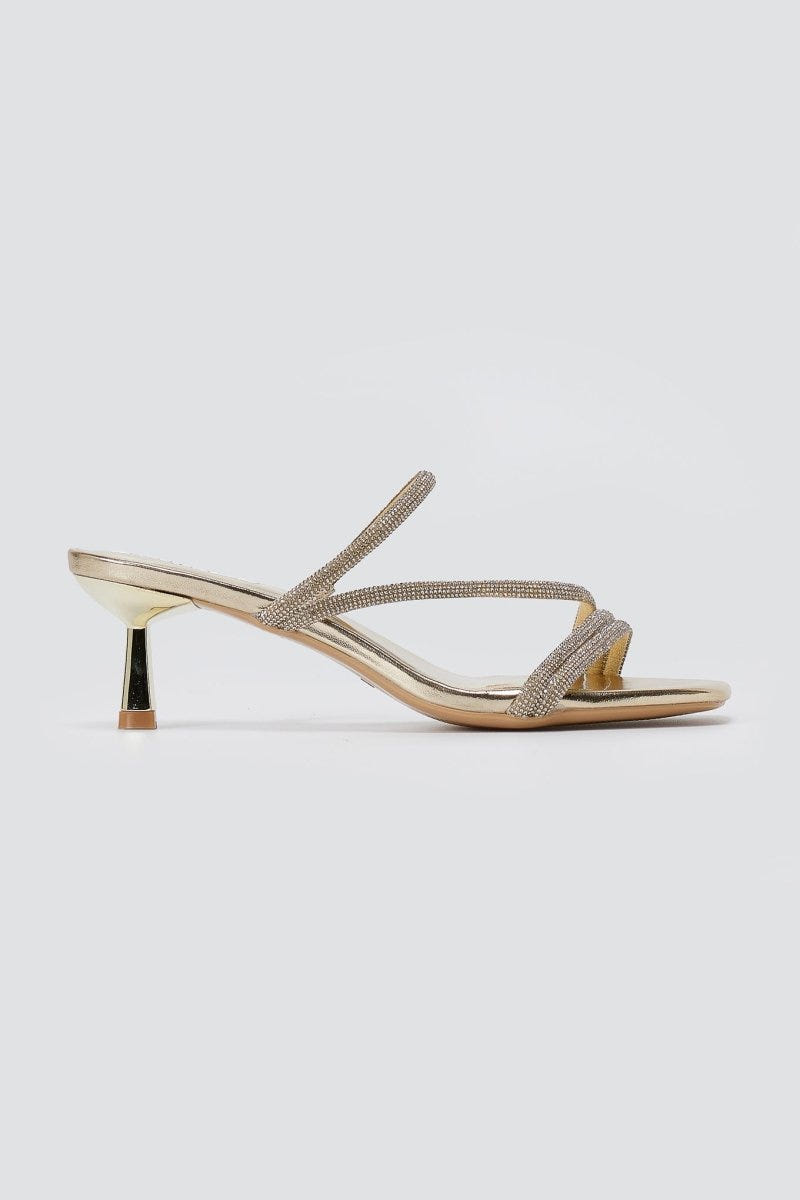 BOTEGGA 22 - Kitten Heel Mules Rhinestone Straps - Gold Metallic