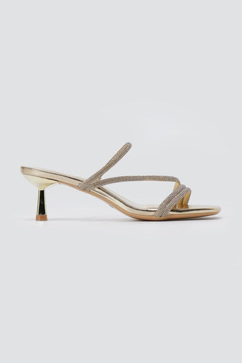 BOTEGGA 22 - Kitten Heel Mules Rhinestone Straps - Gold Metallic