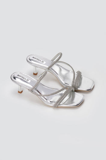 BOTEGGA 22 - Kitten Heel Mules Rhinestone Straps - Silver Metallic