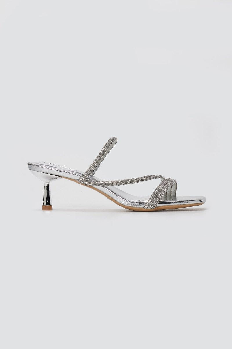 BOTEGGA 22 - Kitten Heel Mules Rhinestone Straps - Silver Metallic