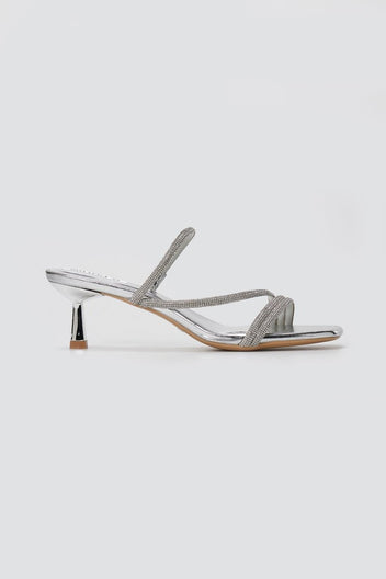 BOTEGGA 22 - Kitten Heel Mules Rhinestone Straps - Silver Metallic