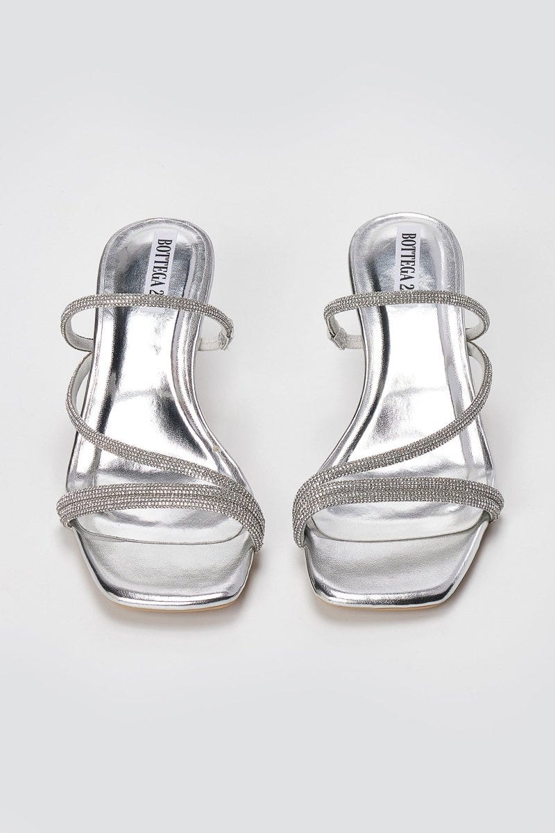 BOTEGGA 22 - Kitten Heel Mules Rhinestone Straps - Silver Metallic