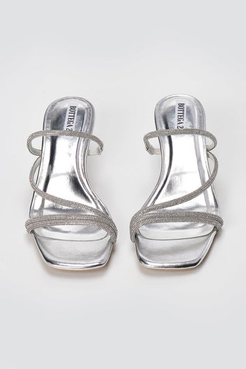 BOTEGGA 22 - Kitten Heel Mules Rhinestone Straps - Silver Metallic
