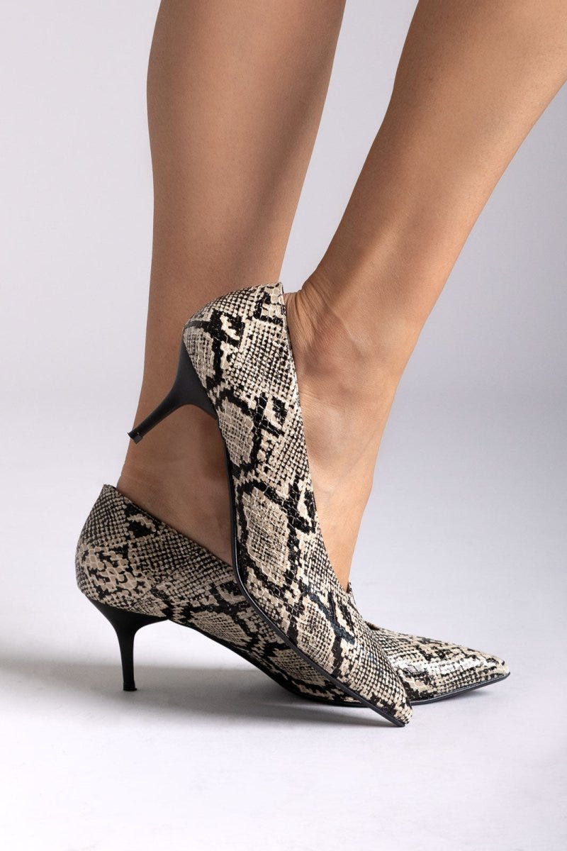 Kitten Heel Pumps TFP - Ivory Black Snake Print - thefashionproject.gr - TFP