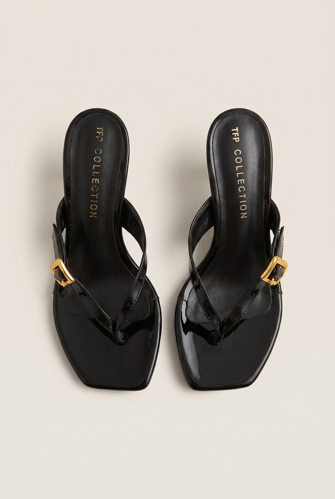 TFP - Kitten Heel Thong Mules - Black Patent