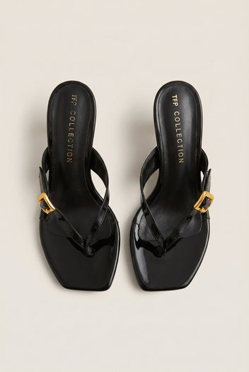 TFP - Kitten Heel Thong Mules - Black Patent