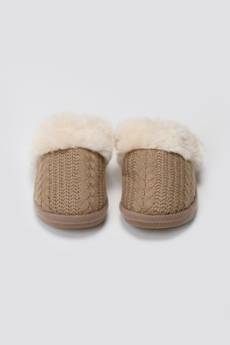 Knit Slippers with Faux Fur - Khaki Knit - thefashionproject.gr - Ideal shoes