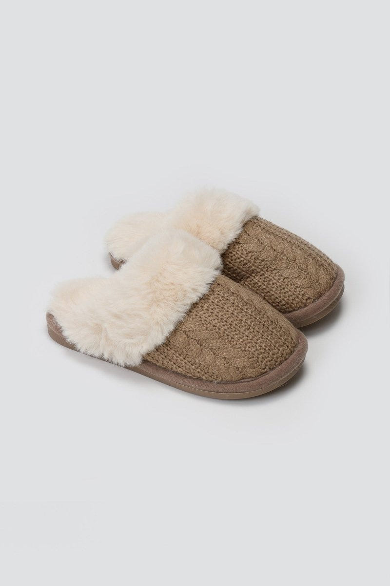 Knit Slippers with Faux Fur - Khaki Knit - thefashionproject.gr - Ideal shoes