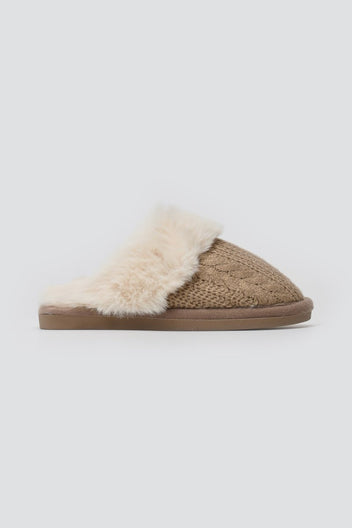 Knit Slippers with Faux Fur - Khaki Knit - thefashionproject.gr - Ideal shoes