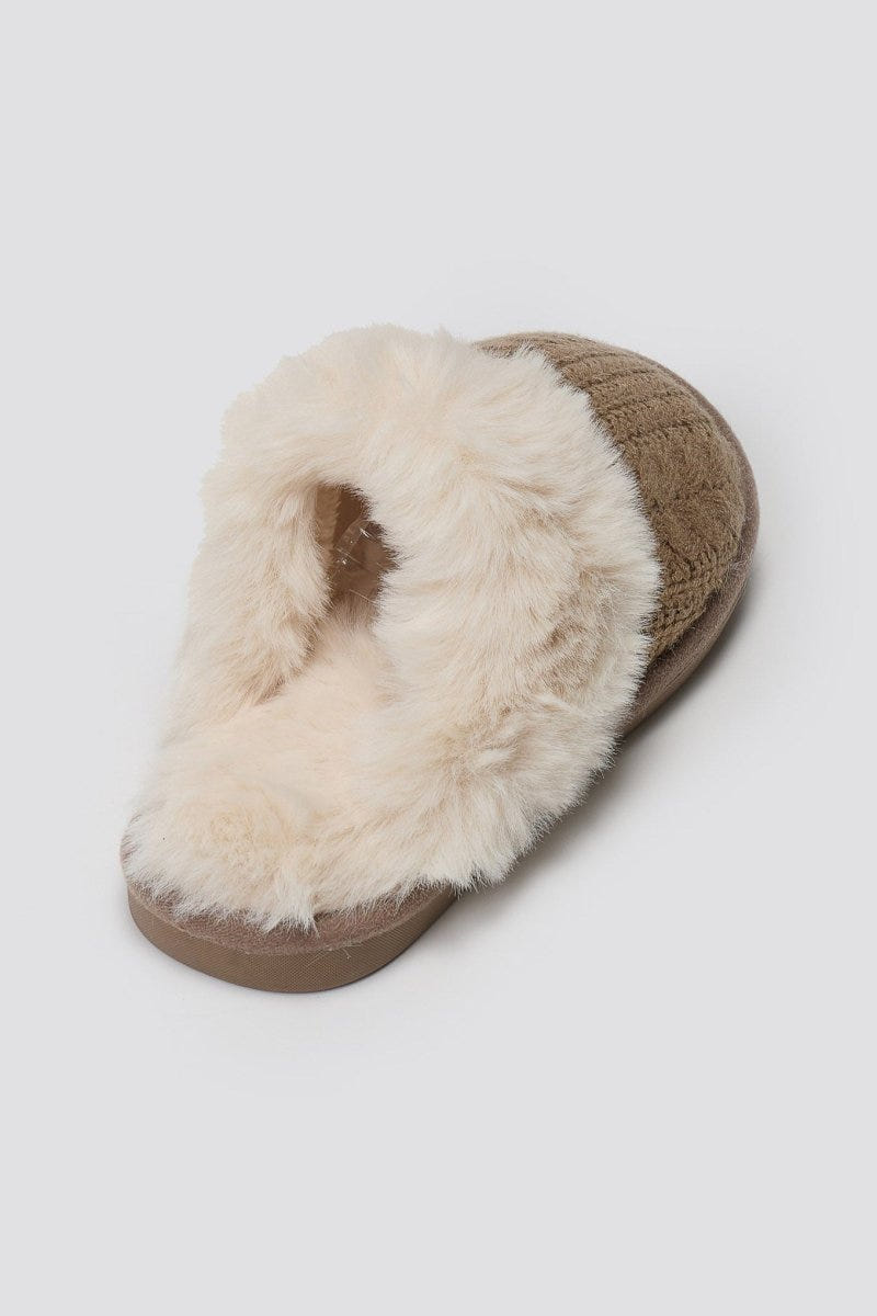 Knit Slippers with Faux Fur - Khaki Knit - thefashionproject.gr - Ideal shoes