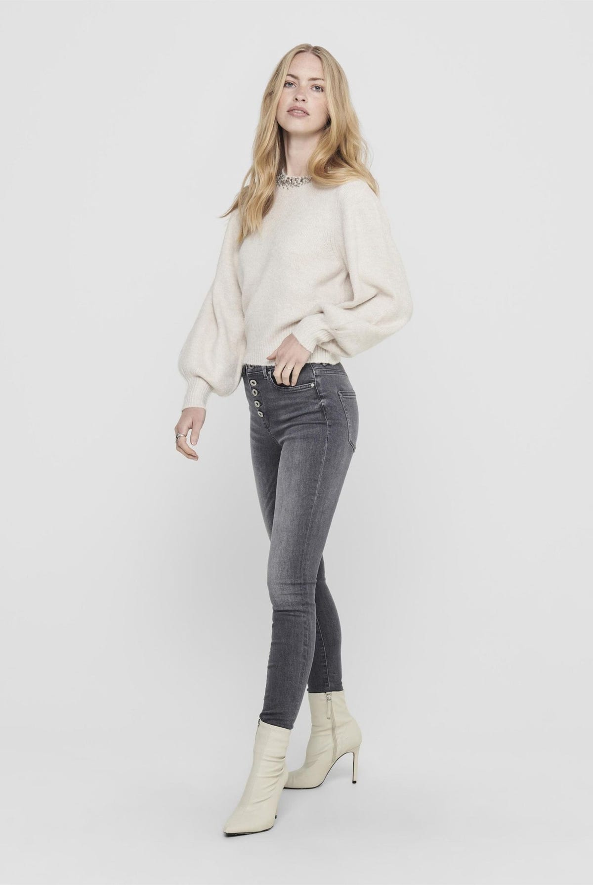 ONLY - Knit Top Embellished Neckline - Beige