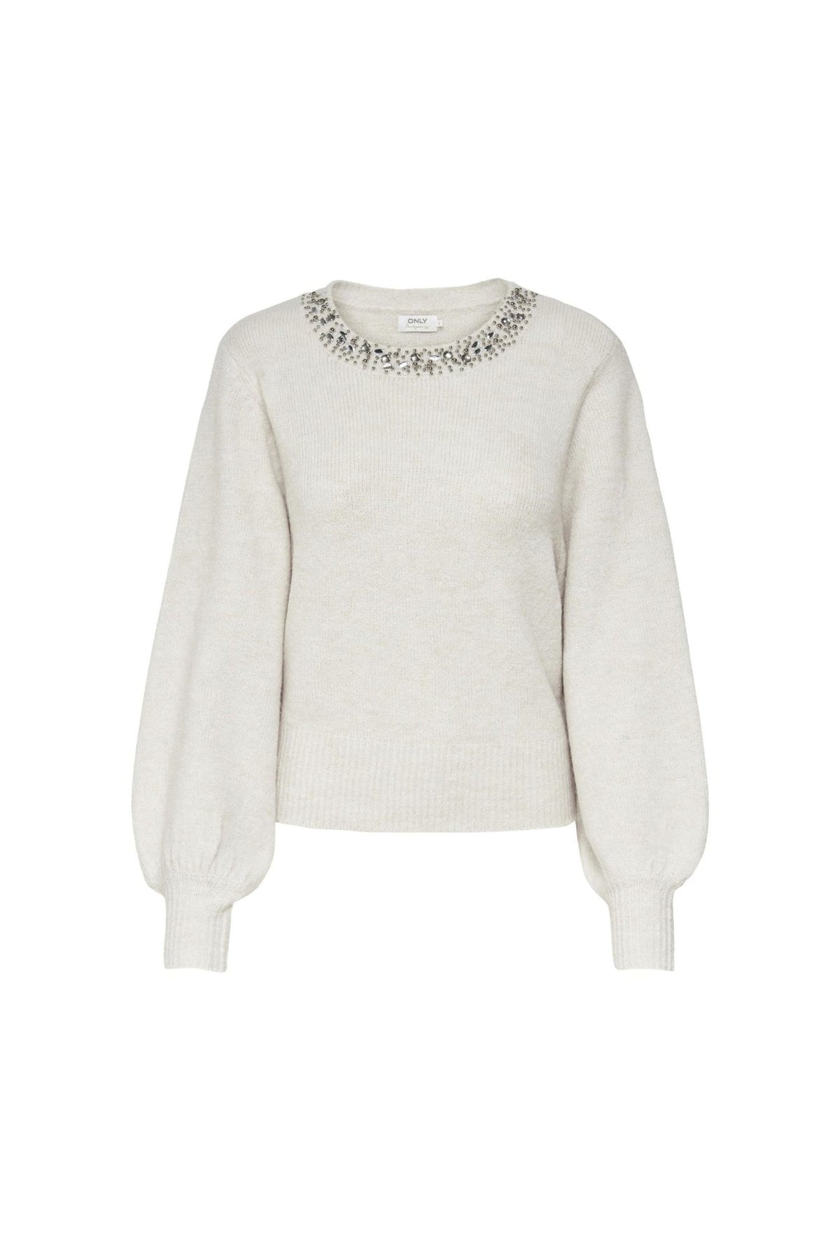 ONLY - Knit Top Embellished Neckline - Beige
