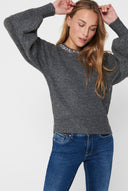 ONLY - Knit Top Embellished Neckline - Charcoal