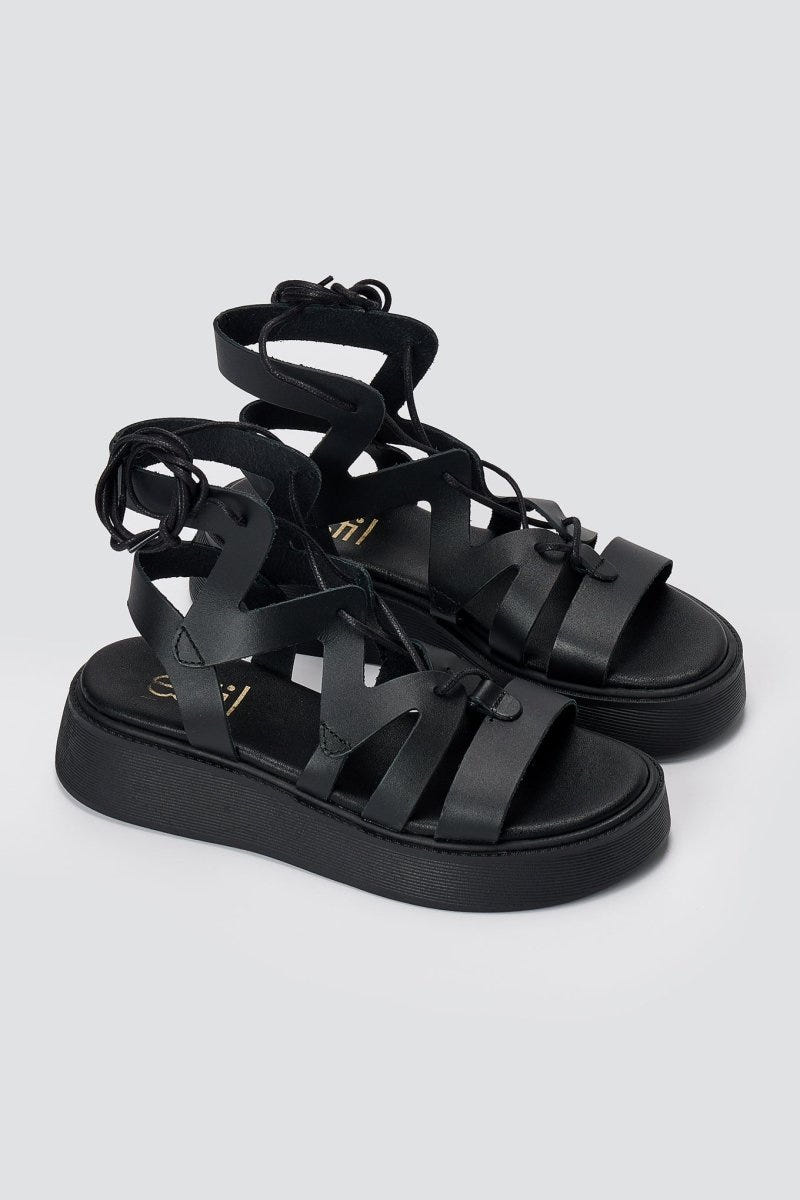 Estil - Lace Up Platform Sandals - Black Matte