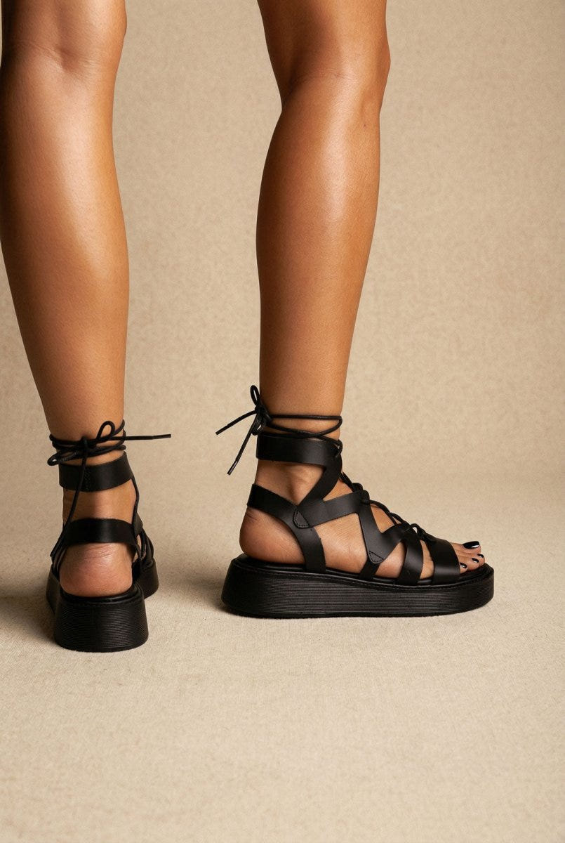 Estil - Lace Up Platform Sandals - Black Matte