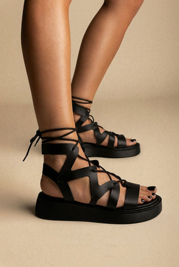 Estil - Lace Up Platform Sandals - Black Matte
