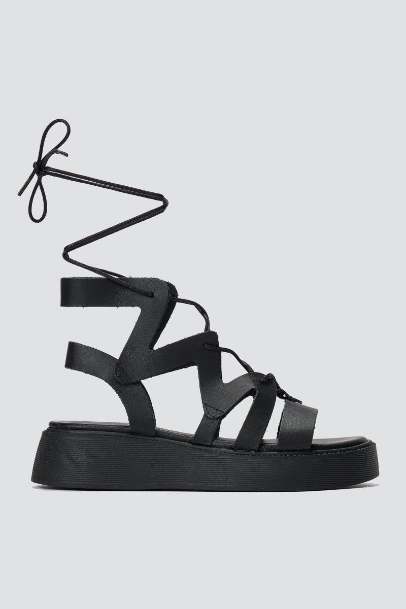 Estil - Lace Up Platform Sandals - Black Matte