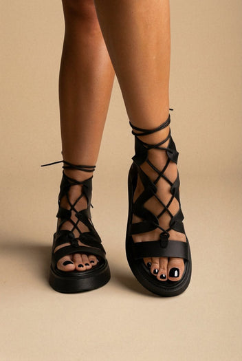 Estil - Lace Up Platform Sandals - Black Matte