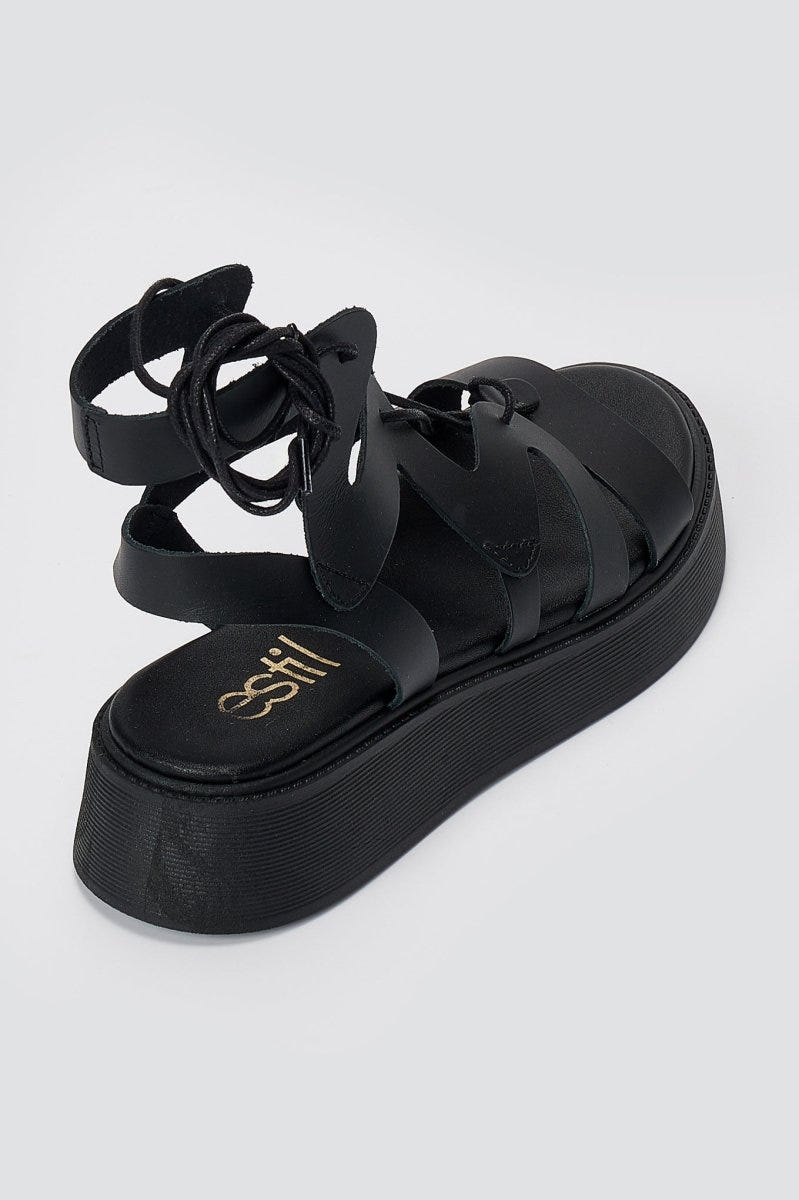 Estil - Lace Up Platform Sandals - Black Matte