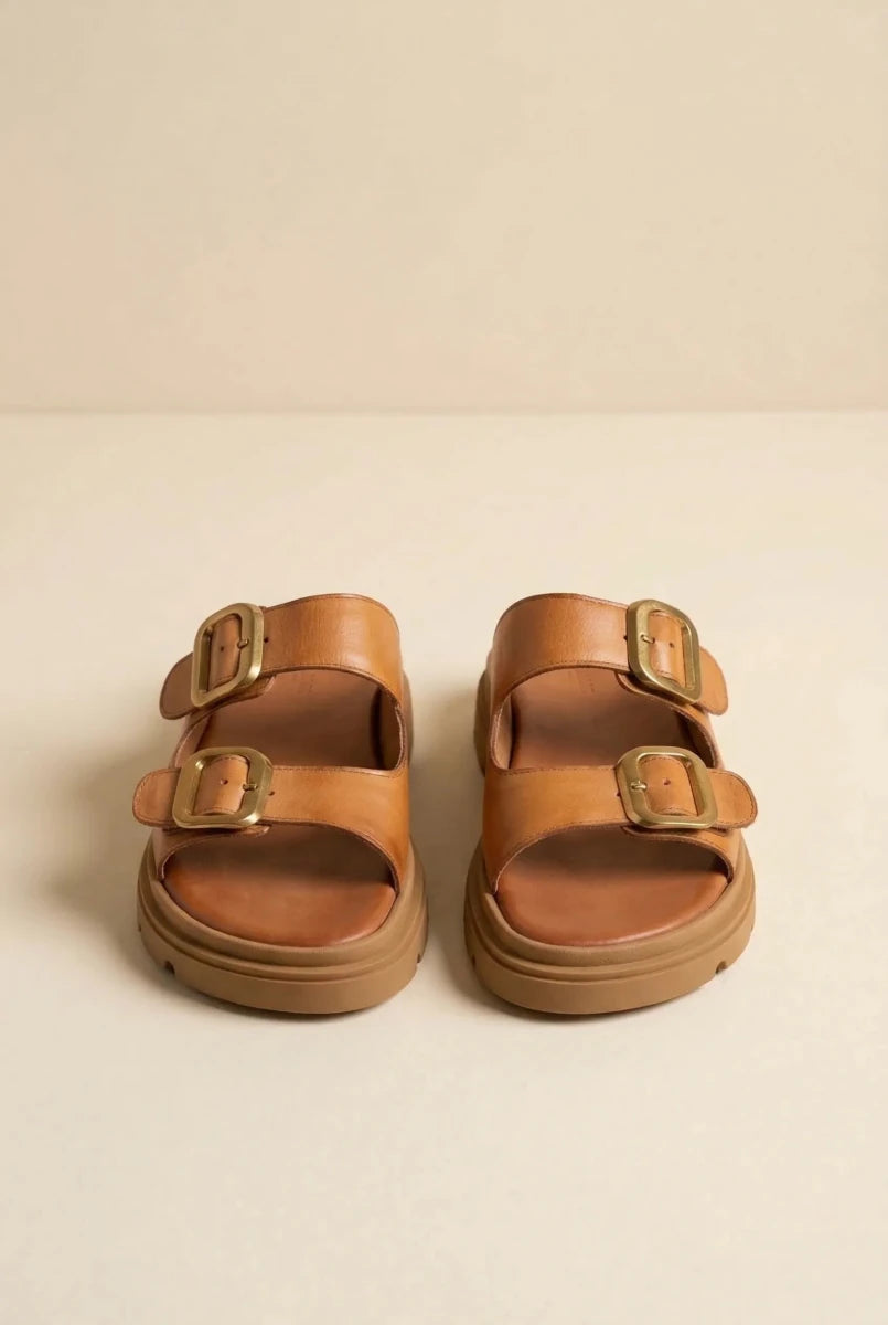 TFP - Leather Buckle Flatform Sandals - Tan