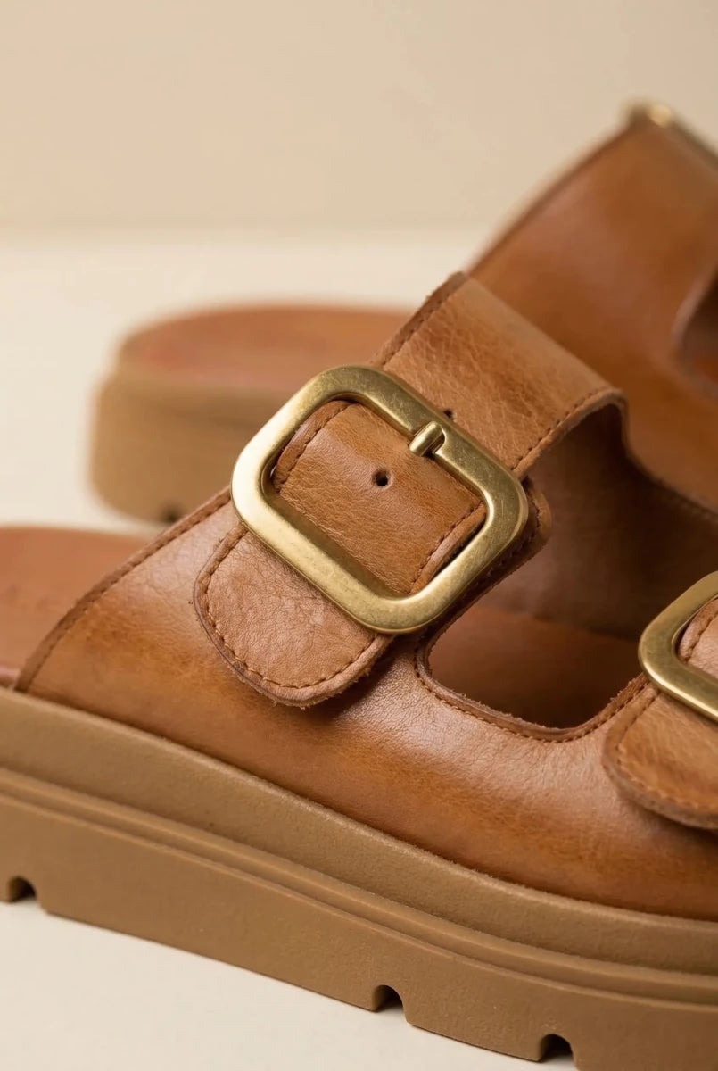 TFP - Leather Buckle Flatform Sandals - Tan