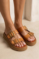 TFP - Leather Buckle Flatform Sandals - Tan