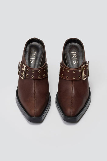 IRIS - Leather Clogs with Buckle - Dark Brown Matte