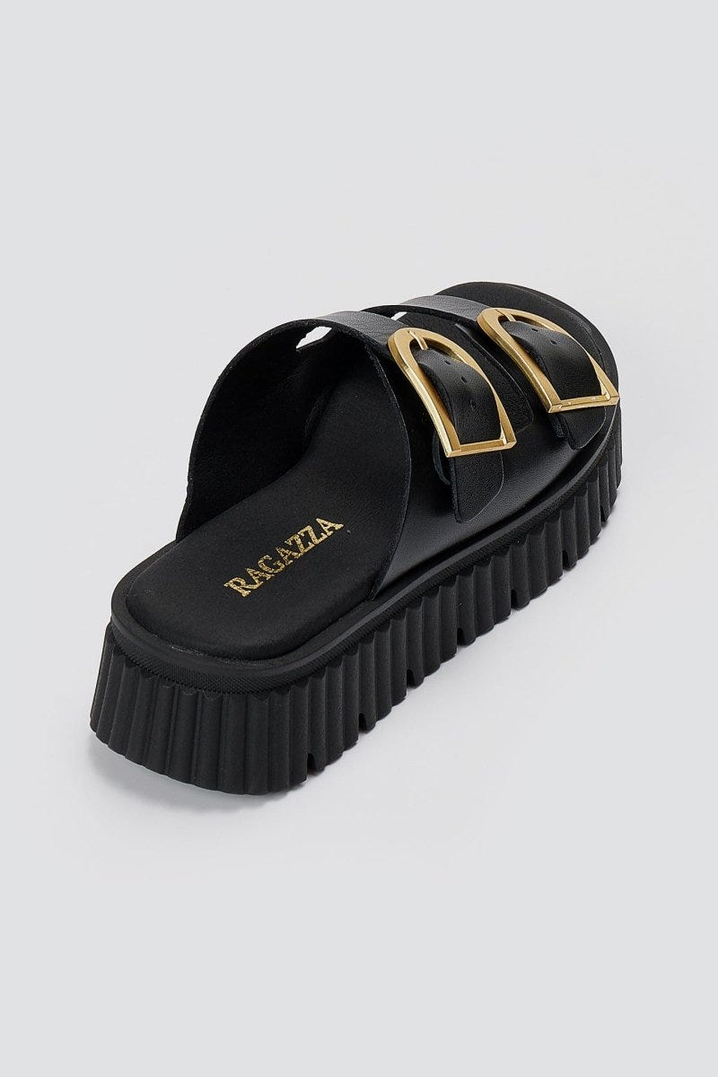 RAGAZZA - Leather Flatform Sandals - Black Matte