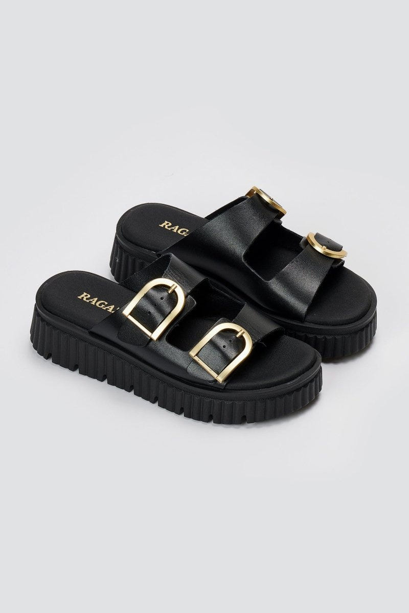 RAGAZZA - Leather Flatform Sandals - Black Matte
