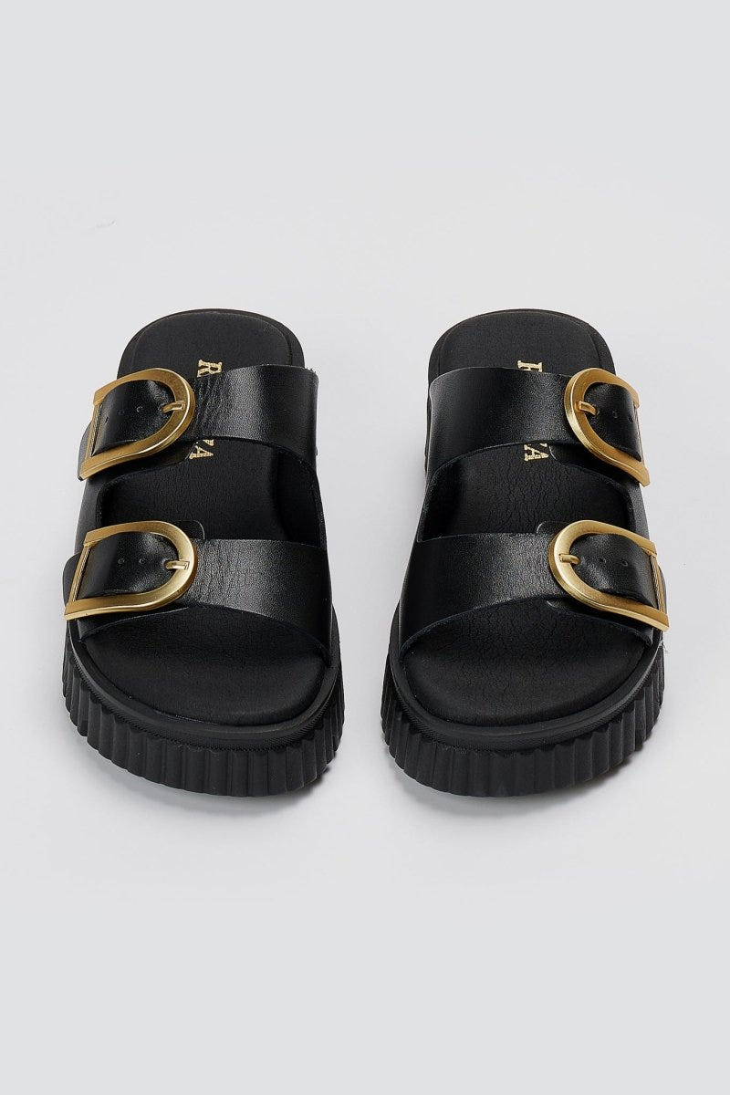 RAGAZZA - Leather Flatform Sandals - Black Matte